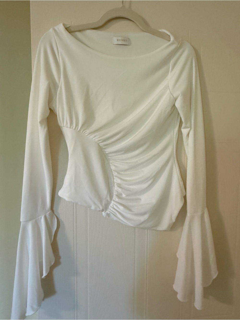 Meshki White Asymmetric Ruched Long-Sleeve Top